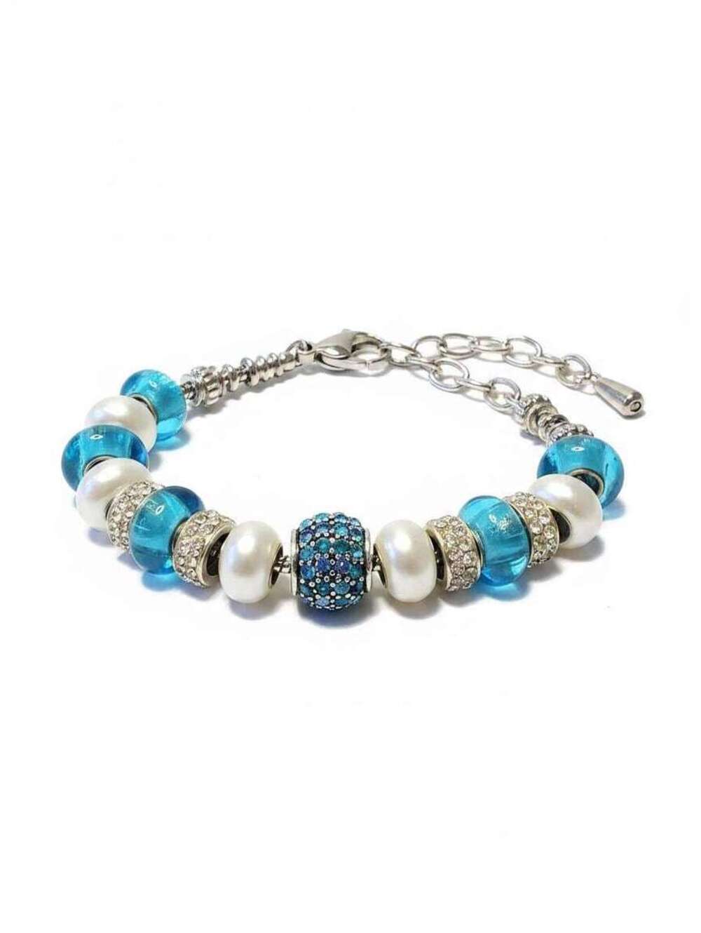Bella Perlina Aqua Blue Glass Bead White Pearl Crystal Charm Bracelet Jewelry